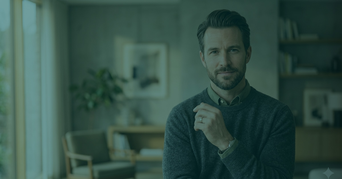 Man in living room with a full head of hair