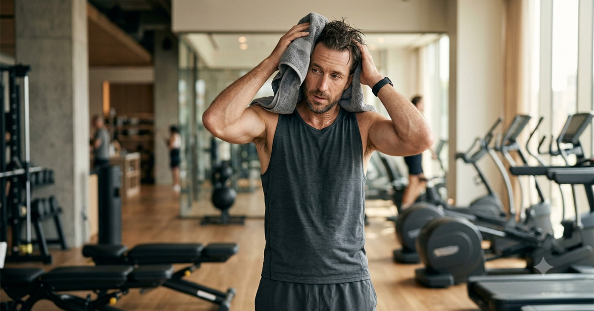 Man toweling off after exercising.