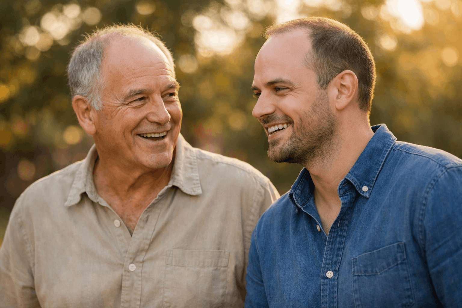 Older father and middle aged son with receding hairlines.