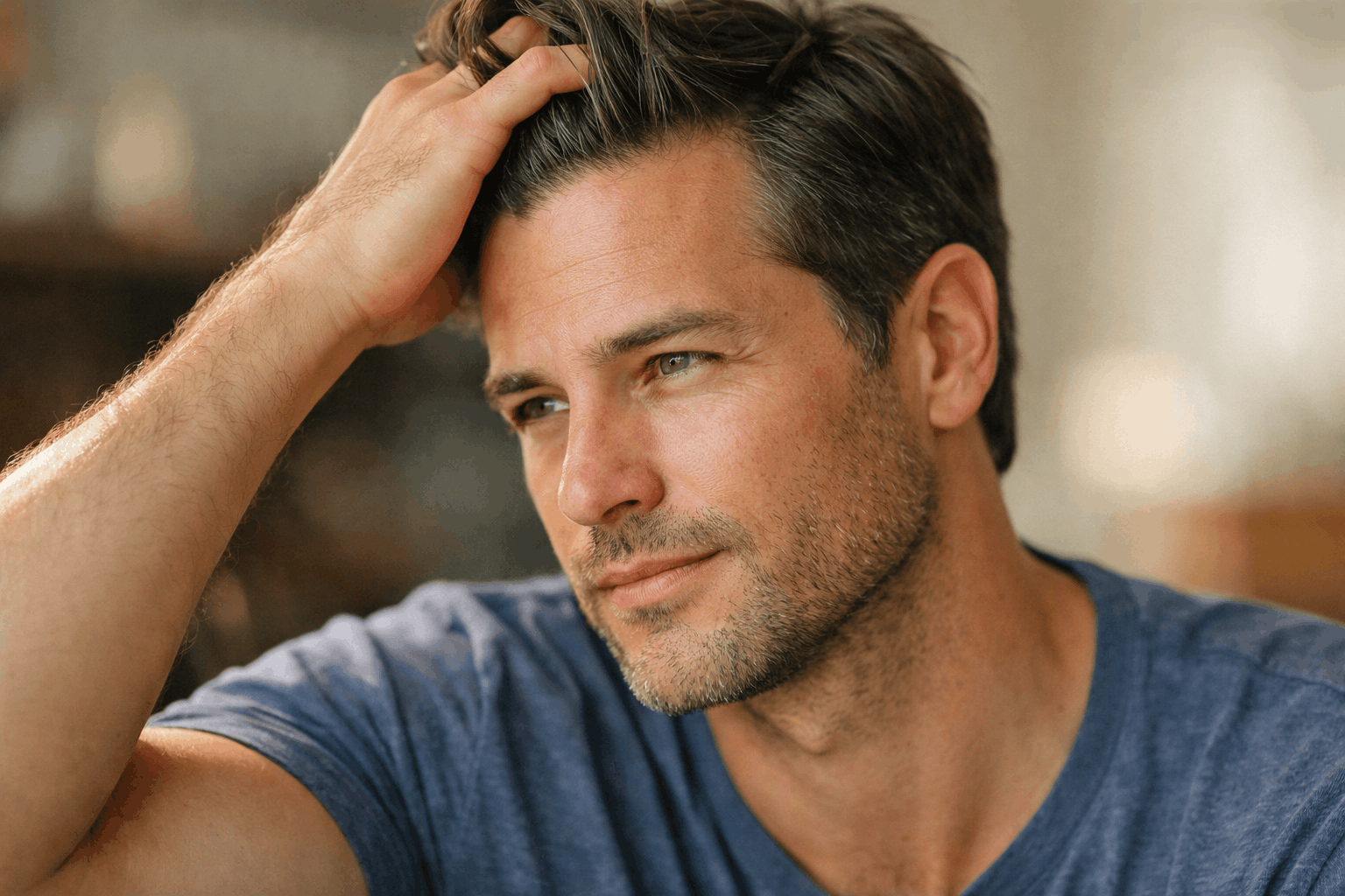 Man running hand through hair and looking off contemplatively.