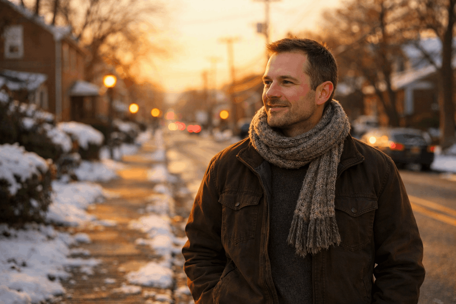Man in scarf walking down snowy street